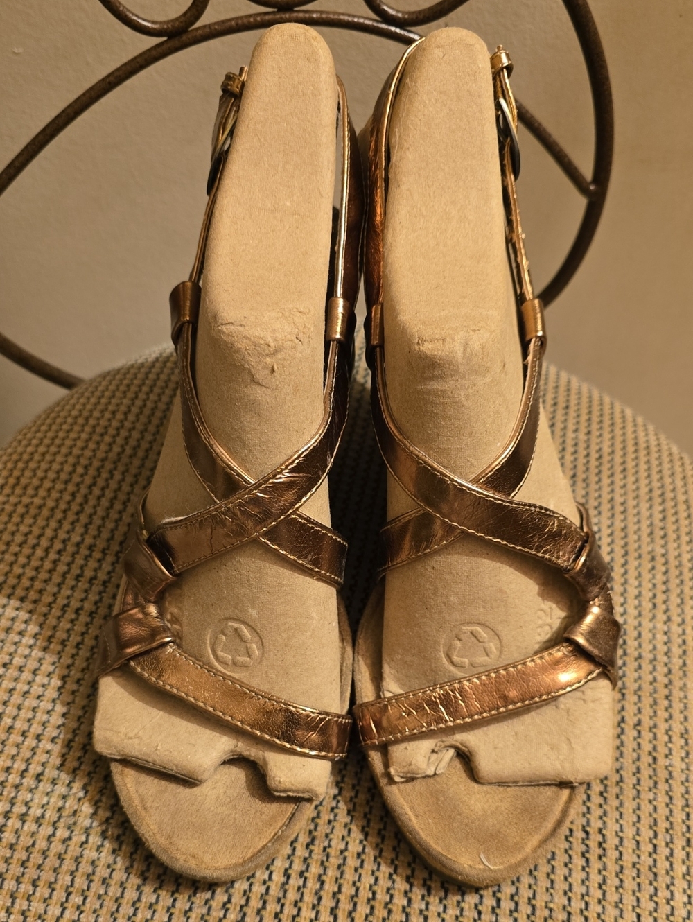 AEROSOLES Metallic Bronze Crisscross Wedge Sandals